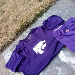 purple champion shirt and basketball shorts